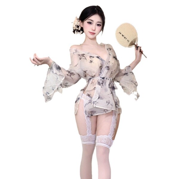 Sensual butterfly print sheer kimono robe set with deep v-neck, lace-up design, perfect for sleepwear or lounge ensembles.
