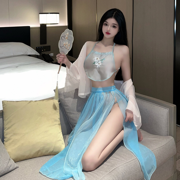 Sensual chinese-inspired lace bodysuit with sheer hanfu skirt, perfect for playful intimacy and belly dance performances.