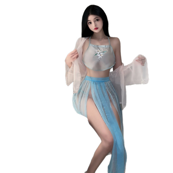 Sensual chinese-inspired lace bodysuit with sheer hanfu design, perfect for belly dance performances or playful intimacy mome...