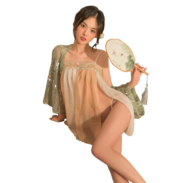 Sensual chinese vintage silk lingerie set - hanfu-inspired sheer sleepwear for women, no-remove design
