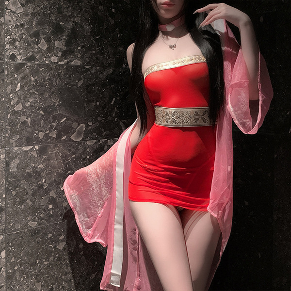 Sensual exotic hanfu lingerie dress - red bodycon with intricate belt and flowing pink overlay, perfect for adults bedroom pl...