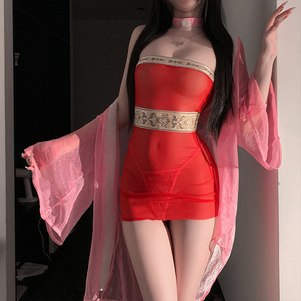 Sensual exotic hanfu lingerie dress - red bodycon with embroidered waistband and transparent sleeves for adults