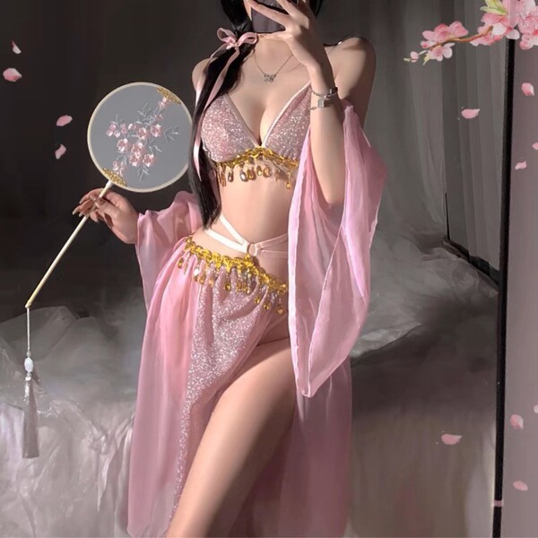 Sensual exotic princess vintage chinese-style dance costume - seductive hanfu-inspired lingerie dress set featuring glittery ...