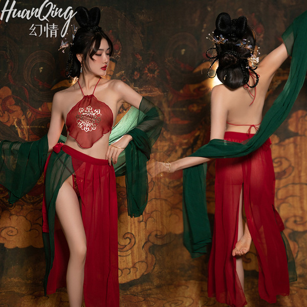 Sensual flying immortal hanfu lingerie set - sheer ancient chinese costume for romantic bedroom play, featuring intricate des...