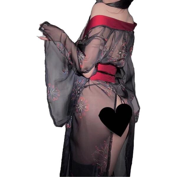 Elegant black sheer hanfu with floral patterns, red accents, and heart design for sensual erotic sleepwear.