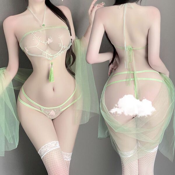 Sensual hanfu lingerie set: sheer mesh doudou with floral embroidery, tassel detail, and matching gartered stockings for anci...