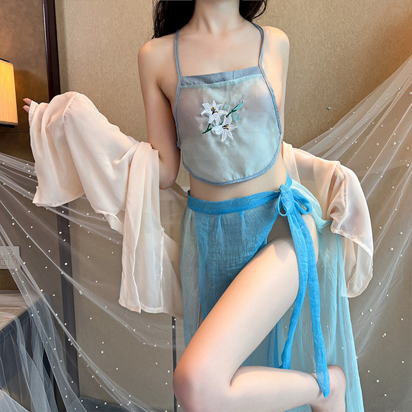Sensual hanfu lingerie set - vintage chinese silk sleepwear with embroidery, busty costume outfit for adults