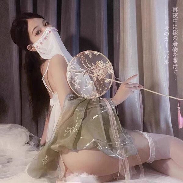 Woman in sensual hanfu lingerie set with embroidery, holding a fan, vintage chinese erotic sleepwear with uniform-inspired te...