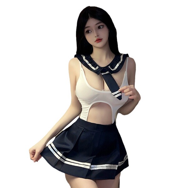 Sensual japanese-style jk uniform bodysuit featuring a white top with cutout design and navy skirt, perfect for cosplay or sc...