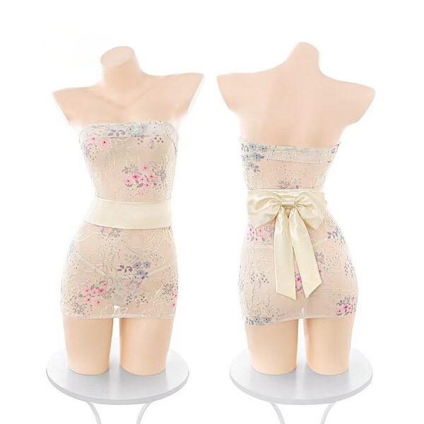 Sensual kimono-style lace bodysuit - sheer embroidered strapless outfit for date night, featuring floral patterns and a delic...
