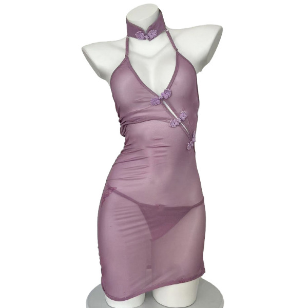Sheer purple vintage qipao sleepwear with lace details, backless design, and floral accents on a mannequin.