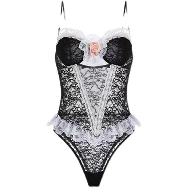 Sensual lace bodysuit featuring delicate black lace with white accents, perfect for a flirty uniform-style sleepwear look.