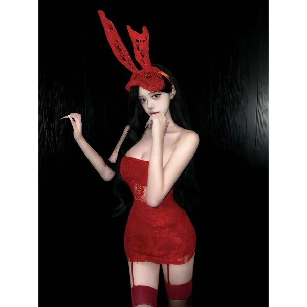 Sensual lace bodysuit paired with sheer mesh mini dress, featuring bunny ears for a provocative and naughty look. perfect for...