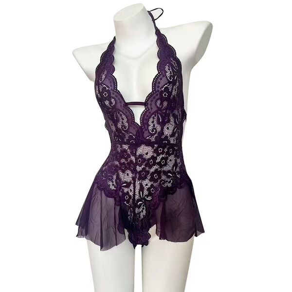 Sensual lace bodysuit with open crotch design, pure and tempting purple color, perfect for nightwear.