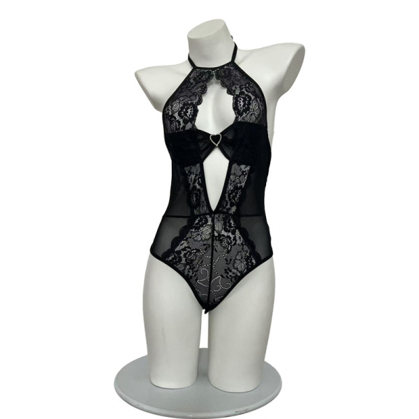 Black lace bodysuit with halter neck and sheer panels, elegant one-piece sleepwear for women.