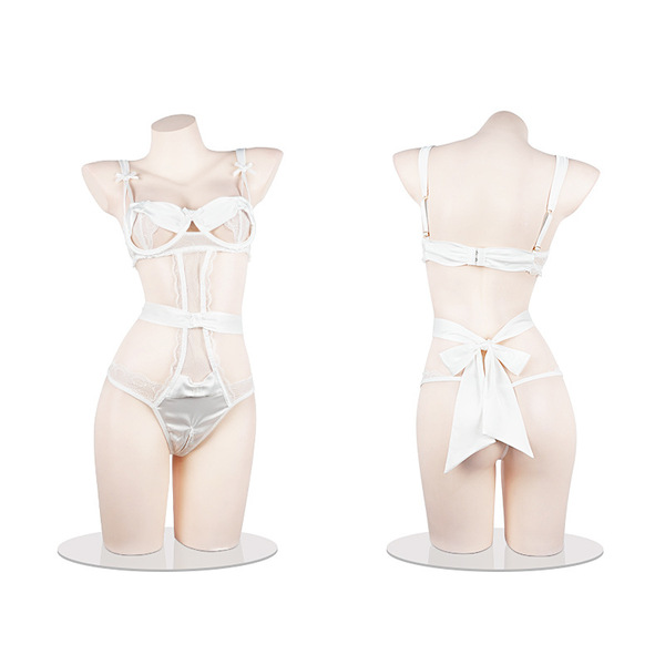 Sensual lace bodysuit for women featuring sheer cut-out design, delicate mesh fabric, and elegant bow-tie straps with open-cr...