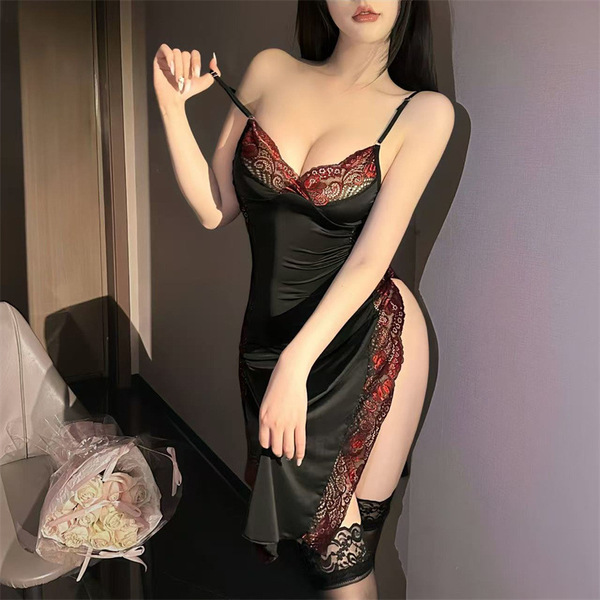 Sensual lace cami dress set featuring elegant black fabric with intricate red lace detailing, perfect for intimate wear or sl...