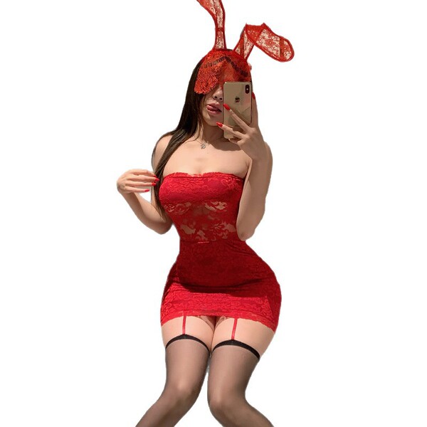 Sensual lace off-shoulder corset dress with cutouts, sheer design, black stockings, bunny ears headband. perfect for date nig...