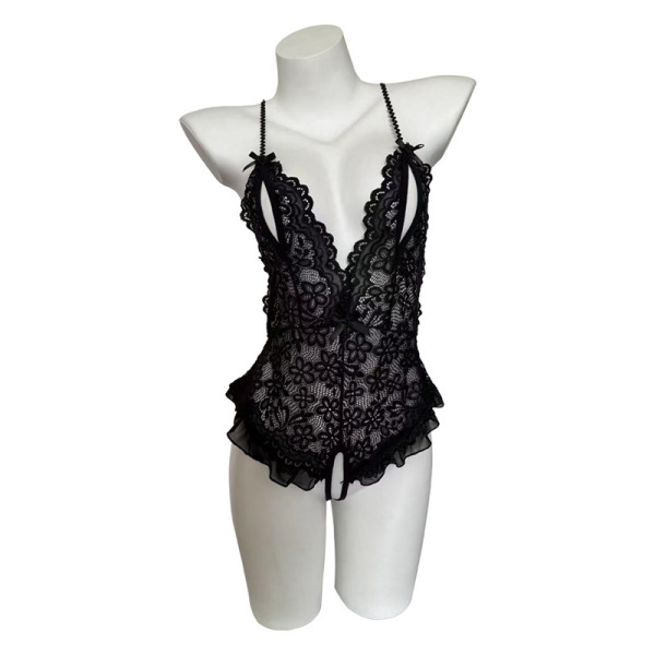 Black lace open-crotch bodysuit with floral pattern and adjustable straps, displayed on a mannequin.