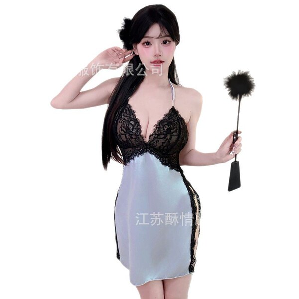 Sensual lace satin sleep dress with sheer mesh backless slit, elegant nightgown design, perfect for womens bedroom lingerie s...