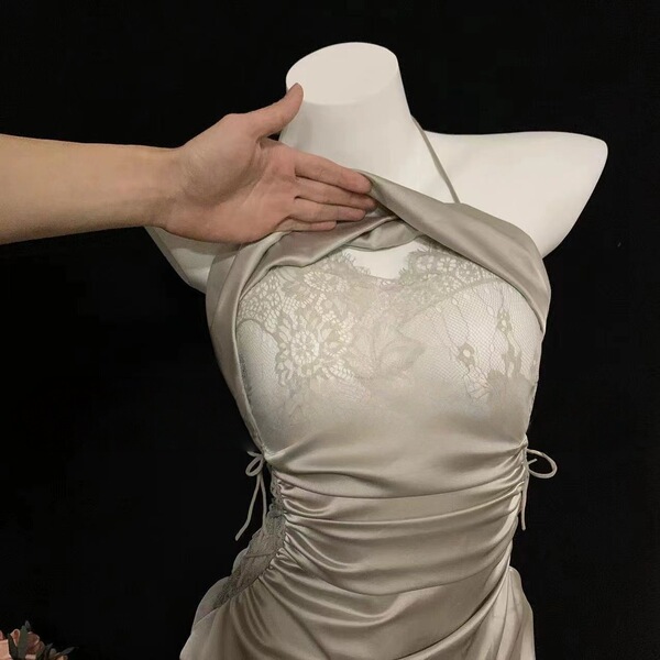 Sensual lace sleep dress with drawstring waist, slim-fit lingerie on mannequin.