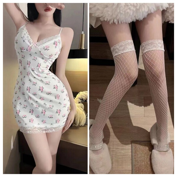 Sensual lace sleep dress featuring floral pattern, pure design, sexy mesh cami slip with ruched hip fit perfect for fall.