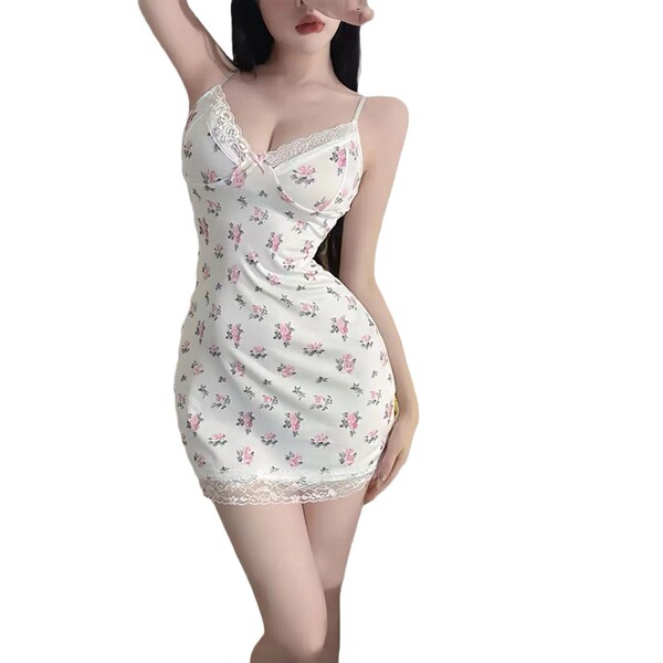 Sensual lace sleep dress featuring floral pattern, pure design with sexy mesh cami slip and ruched hip fit for fall.