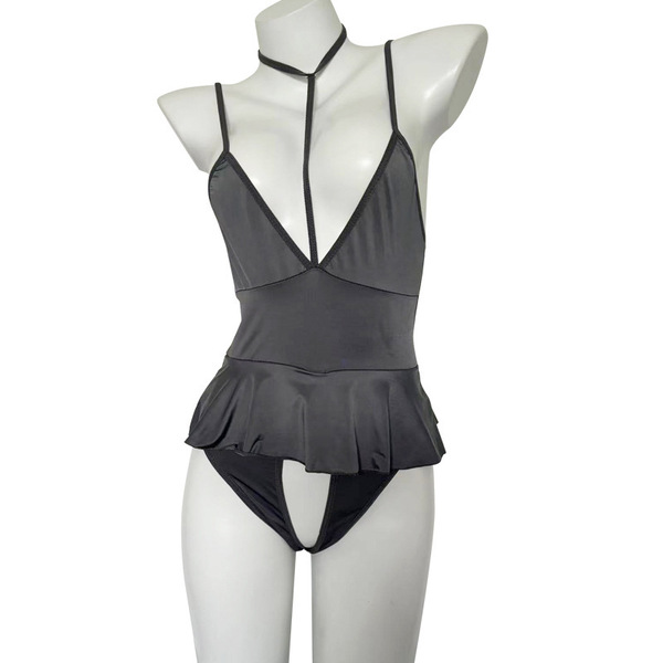 Sensual lace sleepwear set featuring a halter top with deep v-neckline and flared skirt, perfect for intimate nights.