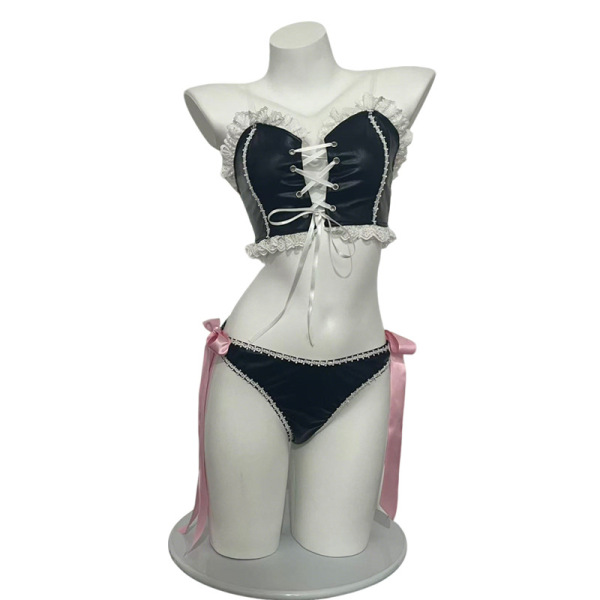 Sensual black and white maid bodysuit with lace trim, corset-style lacing, and pink ribbon ties.