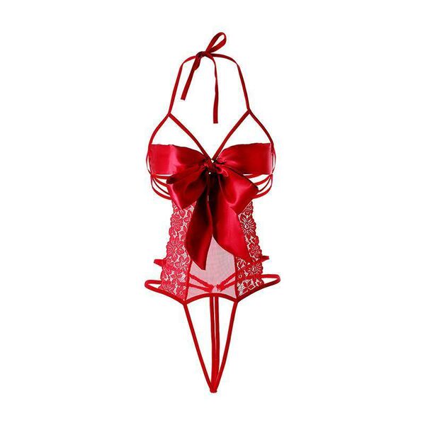Sensual lingerie set - open-crotch bodysuit with peek-a-boo bust, featuring a bold red design and lace detailing for pure tem...