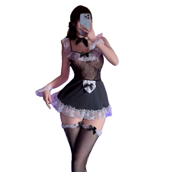 Sensual maid costume set - black lace mesh dress with sheer stockings, perfect for roleplay outfits for women