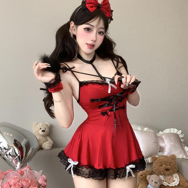 Sensual maid costume lingerie set - red dress with lace details, bow headband, and playful accessories for flirty at-home rom...