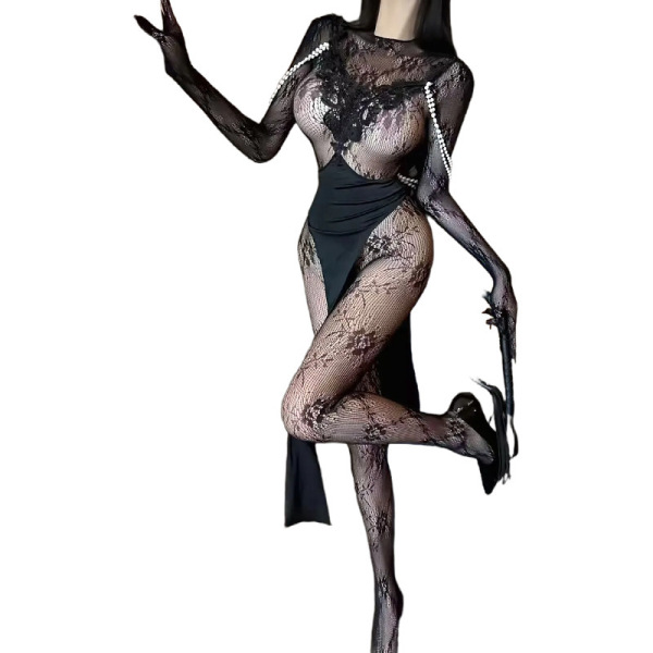 Black lace-trimmed corset mini dress with sheer tights, elegant and playful.