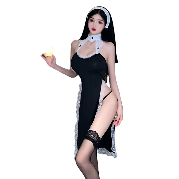 Woman wearing black high-slit nun costume with lace trim, holding candle — sensual cosplay lingerie set for adults.