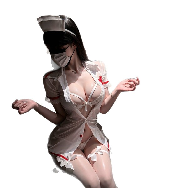 Sensual nurse costume with lace trim, high slit, and minimalist design for women’s role play lingerie set.