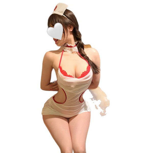 Sensual nurse costume for women: pure & tempting lingerie set with easy-on erotic outfit, featuring red lace details.