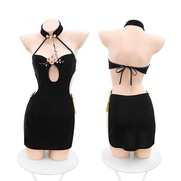 Sensual plum blossom embroidered high-slit backless cheongsam set, sexy maid costume lingerie.
