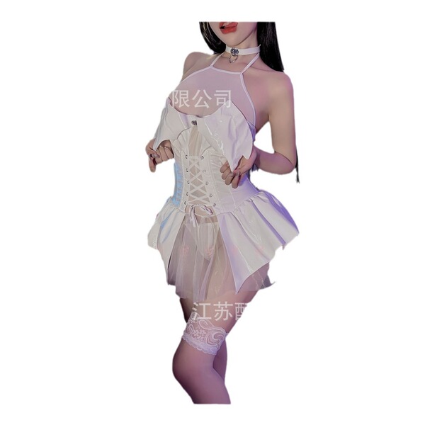 Woman wearing a shiny sheer white sleep dress with batwing sleeves, halter tie, lace trim, and push-up bodice.