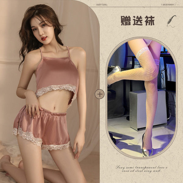 Sexy girl wearing a sensual no-remove bedtime lingerie set, featuring sheer sleepwear with nursing access and light lift desi...