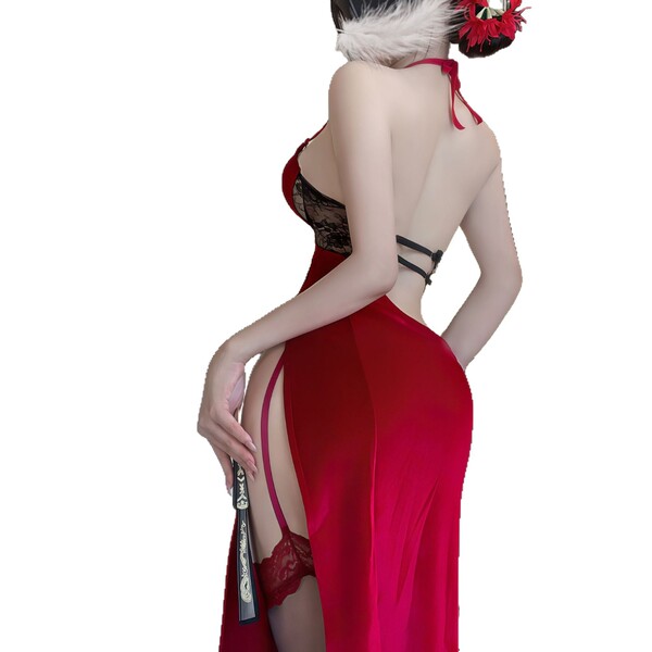 Sensual no-remove halter lingerie featuring a backless design, perfect for plus-size wearers. vintage-inspired qipao style wi...