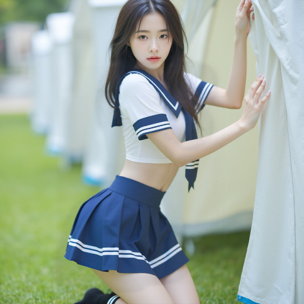 Woman in sensual secretarial bodysuit with airline-style skirt, posing outdoors by a tent.