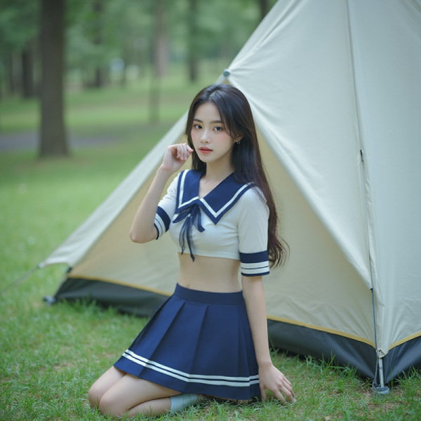 Woman in navy and white sailor-style skirt set kneeling by tent outdoors, showcasing the sensual secretarial bodysuit - airli...