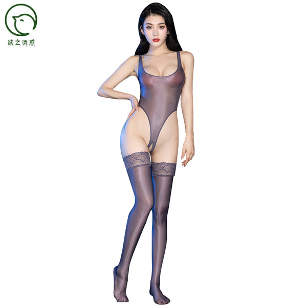 Sensual sheer bodysuit for women featuring tight fit, open crotch design, lace stockings, perfect for bedroom romance wear.