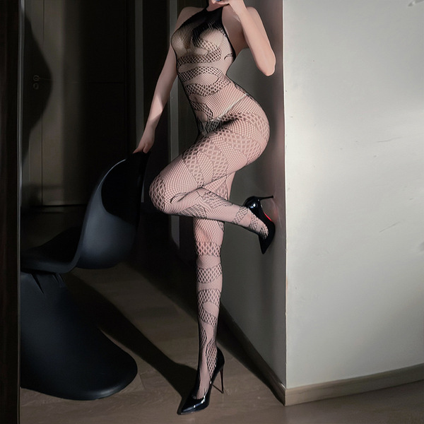 Sensual sheer lace bodystocking featuring snake motif tulle mesh design, perfect for women seeking sexy tear-away thigh-high ...