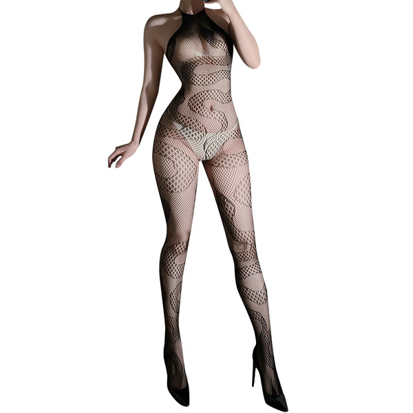 Sensual sheer lace bodystocking featuring snake motif tulle mesh design, perfect for women seeking sexy tear-away thigh-high ...