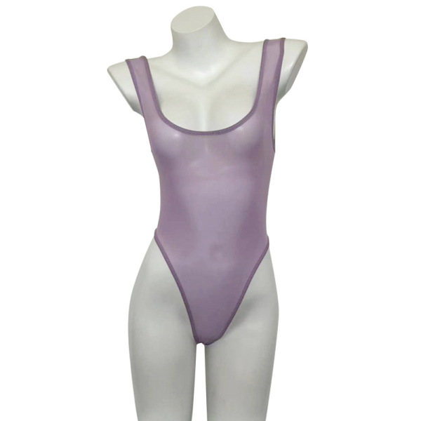 Sensual sheer lavender bodysuit swimwear with open-crotch design, featuring a one-piece mesh tankini set for adults.