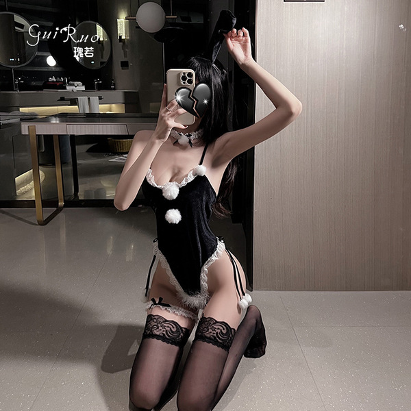 Sensual velvet lace bunny costume - seductive open-crotch bodysuit, perfect for bedroom roleplay, featuring lace details and ...
