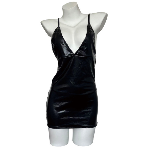 Sensual vinyl slip-on bodycon bandage dress featuring sheer mesh panels, perfect for nightclub outfits.
