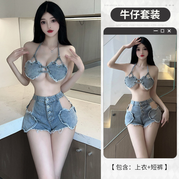 Sexy Lace-Trimmed Denim Short Set - Seductive No-Remove Bedroom Outfit for Women - Full set