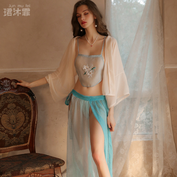 Sexy ancient chinese style lingerie set – embroidered sheer hanfu doudou bedroom costume outfit featuring delicate floral emb...